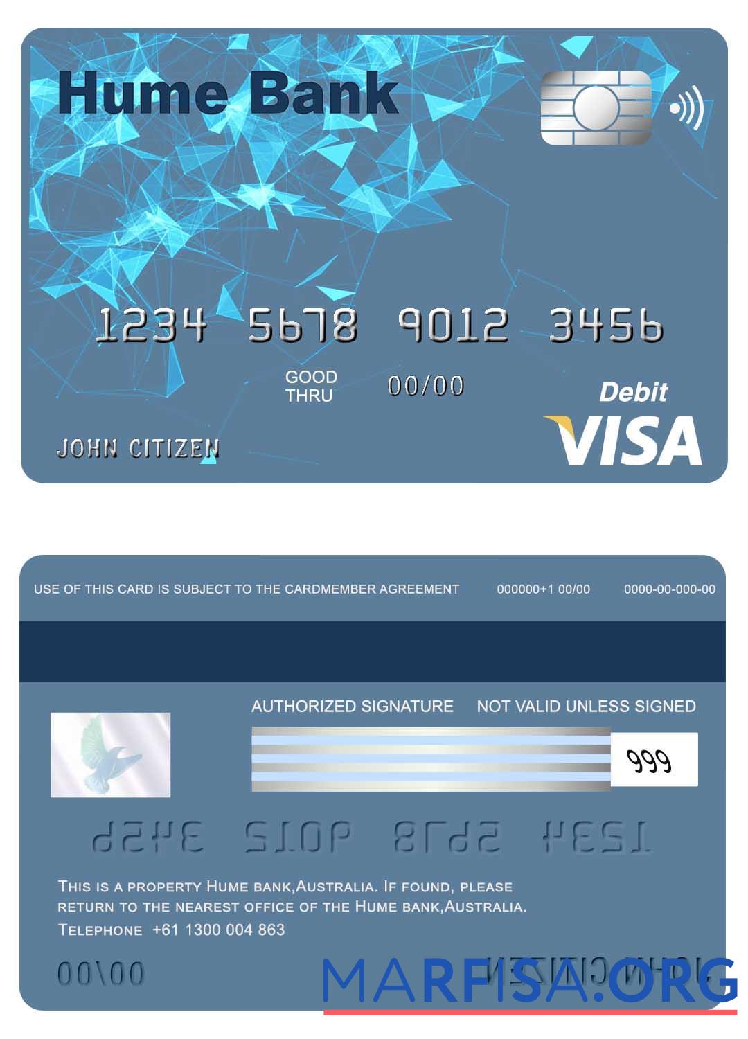 Blank Australia Hume bank visa card sample